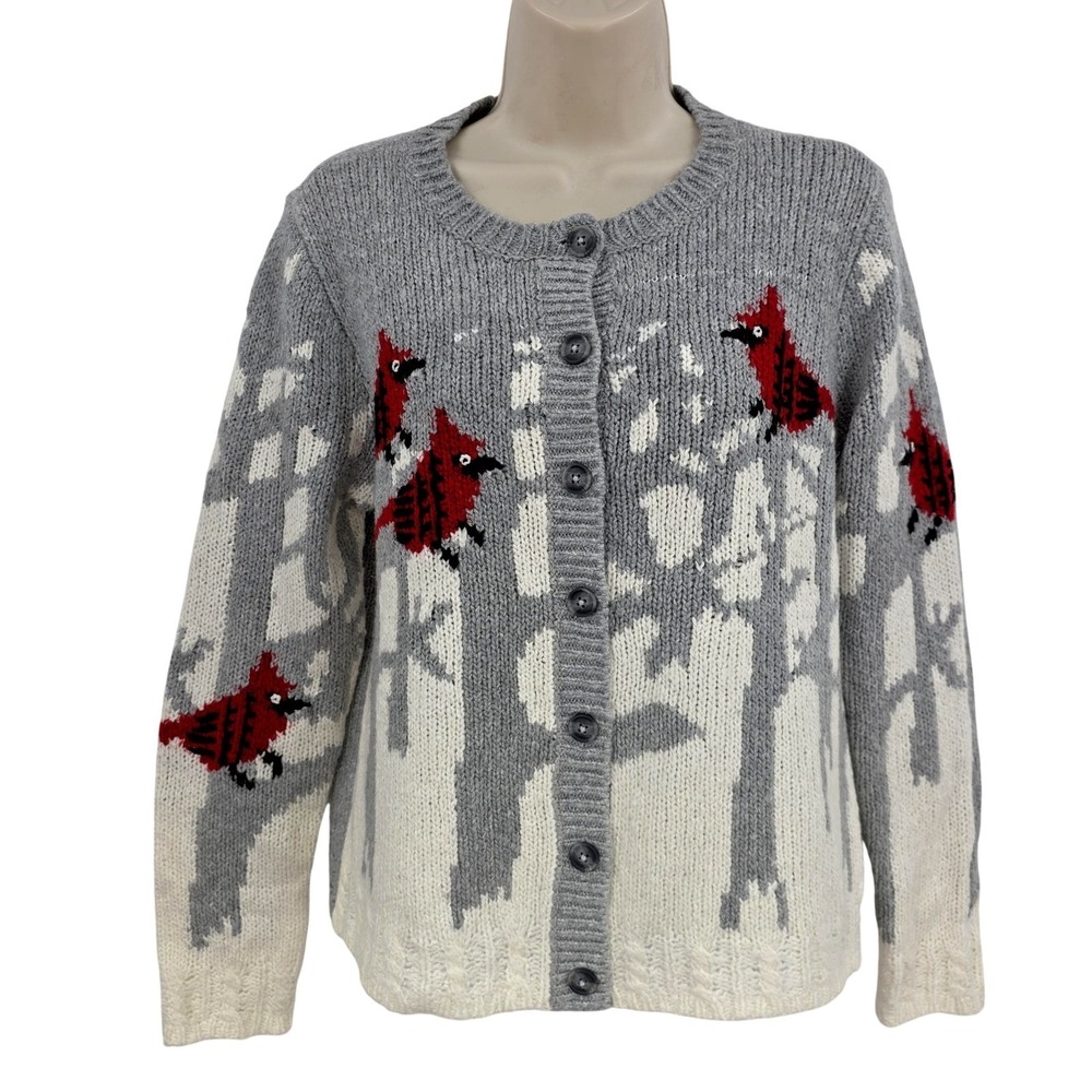 Talbots Cardigan Sweater Women MP Gray Cardinal Bird Trees Cabincore SNL Kate Mc